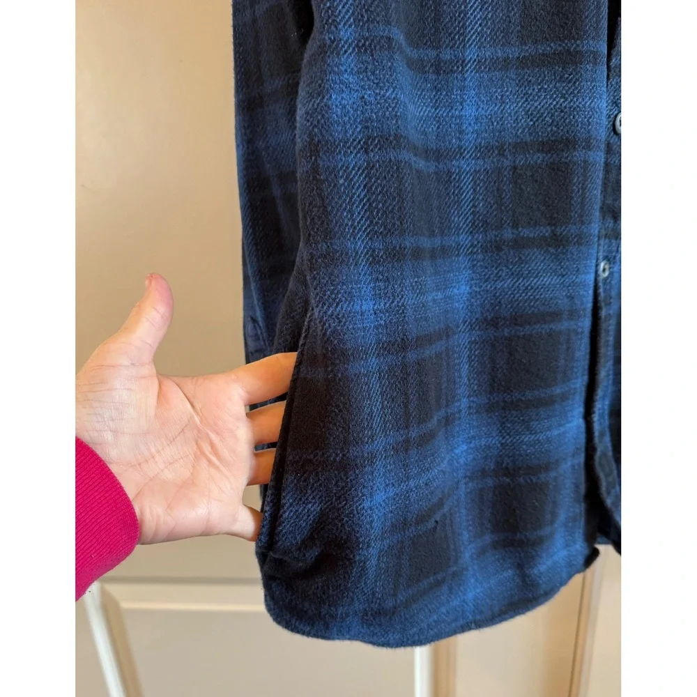 Orvis Mens XL Blue Black Plaid Flannel Shirt Jacket Heavyweight Cotton Shacket